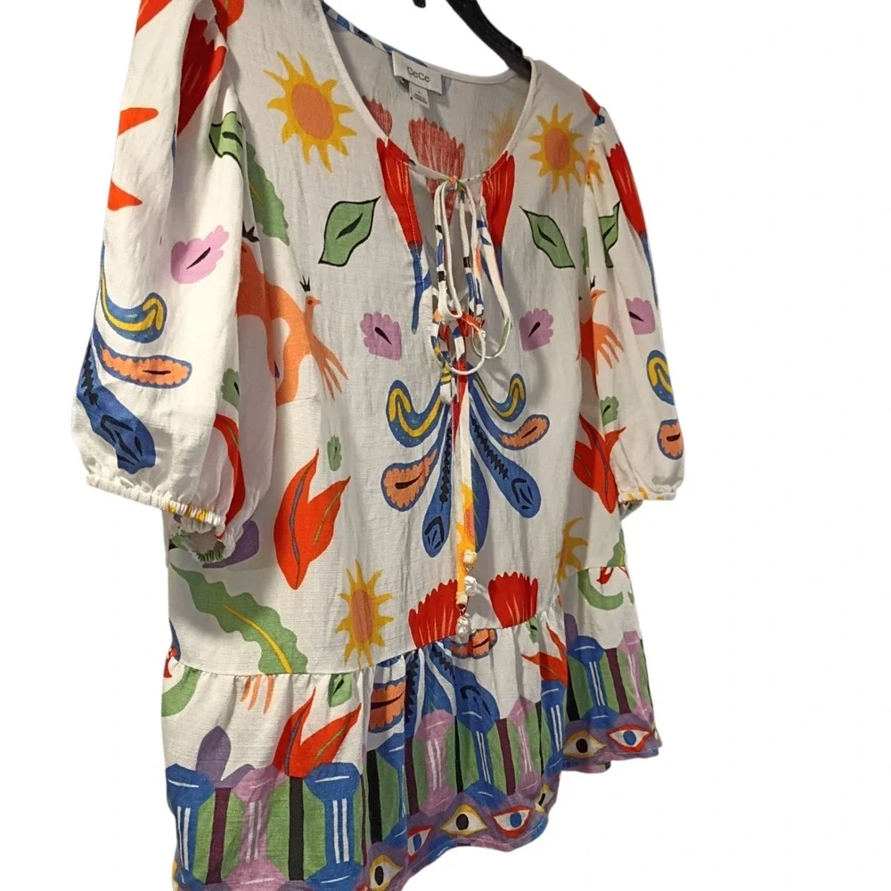 Cece Blouse Womens Size M Colorful Aztec Pattern VNeck Drawstring Summer Top EUC - Picture 2 of 8